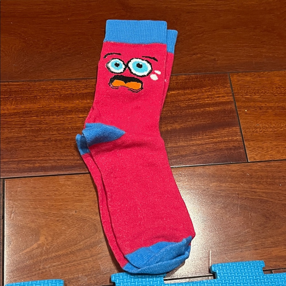 Red Crew Socks with Blue Accents and Character Face